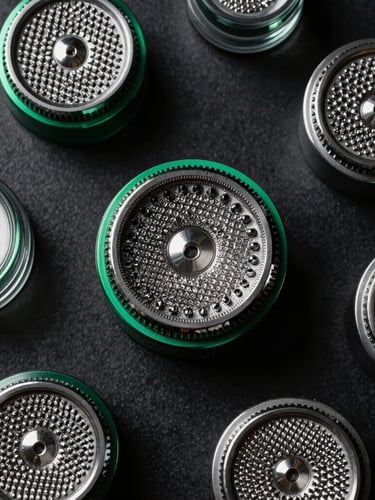 Overhead flat-lay of textured metal grinders and clean glass pods on a dark obsidian background, sharp emerald green reflections, luxury aesthetic