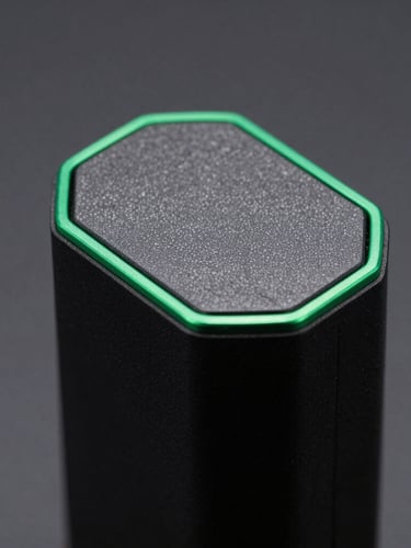 Macro close-up of a textured matte black metal vaporizer device, sharp emerald green rim lighting highlighting the sleek metallic edges, dark slate background, 35mm