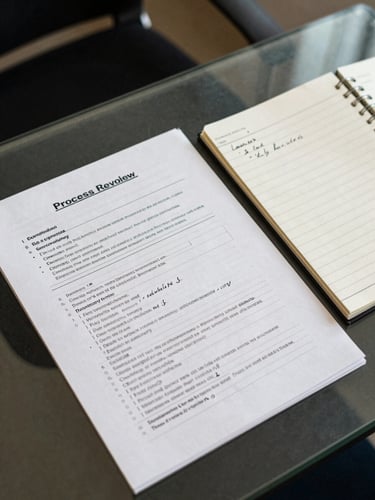 Overhead shot of a process review session — a printed SOP document with handwritten annotations spread across a clear desk, a notepad with structured bullet points beside it, ambient office light, no people visible, emphasis on organised work materials