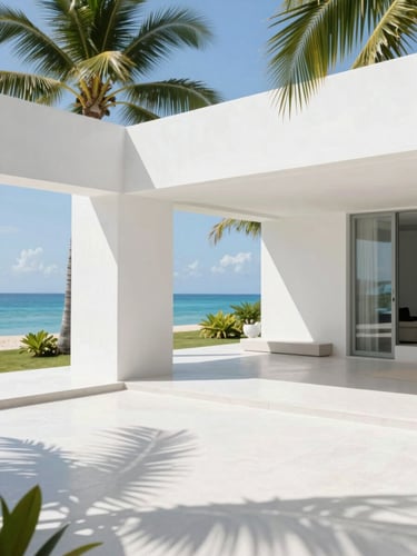 Bright editorial travel photography, sun-drenched modern tropical villa interior with clean white concrete walls, palm shadows, high-noon light, spacious and minimalist