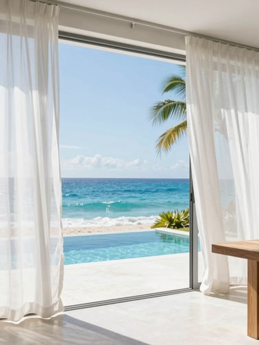 Sun-drenched luxury villa interior with clean white linen curtains blowing in the ocean breeze, minimalist wooden furniture, natural sunlight.