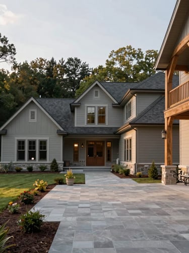 Wide environmental shot of a completed premium home in West Michigan, featuring a finished stone patio and timber framing on the right, soft golden hour lighting, 35mm lens.