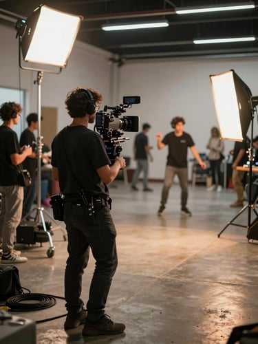 Wide medium shot from behind a camera operator on a busy commercial set, talent mid-action in the background under overhead production key lights, cables and crew visible to the left, warm amber spill from a practical stage light hitting the concrete floor to the right