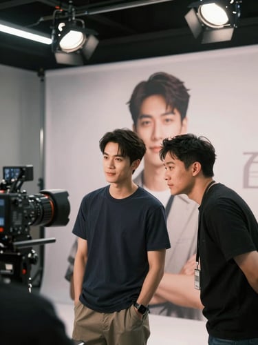 Medium shot of a talent on an active commercial shoot set, a director leaning in to give direction, large brand-campaign backdrop behind them, production lights visible from above, documentary framing, no posed smiles