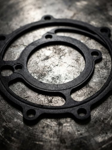 Extreme close-up macro shot of a finished black elastomer gasket with clean die-cut edges, resting on a steel workbench under dramatic high-contrast industrial lighting, sharp focus, 50mm lens.