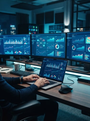Wide shot of a clean workspace with multiple monitors displaying analytics dashboards, hands typing on a laptop, cool studio lighting with subtle blue undertones, crisp focus.