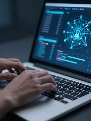 Close-up of hands typing on a sleek laptop keyboard, screen showing complex digital network visualizations and secure transaction interfaces, cool studio lighting with blue ambient undertones, crisp focus, shallow depth of field.