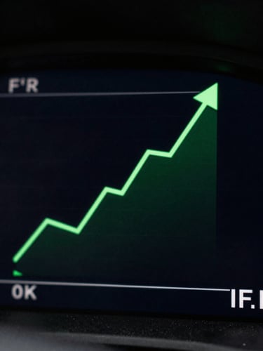 High-contrast dashboard interface showing upward trendlines with sharp electric green accents, low-key dark studio lighting, macro shot