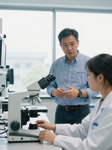 Documentary campaign photography, candidate standing in a modern biotechnology lab at Solano Community College, talking with a student adjusting a microscope, bright natural window lighting, crisp cool tones, 35mm