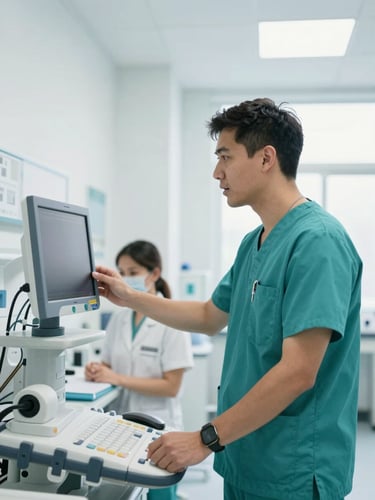 A documentary campaign photograph of the candidate in a bright, modern healthcare training lab, speaking with a student in teal scrubs adjusting a medical monitor, natural daylight, 35mm.
