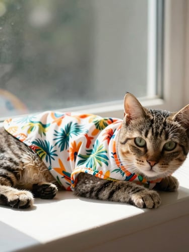 Eye-level shot of a relaxed tabby cat lounging on a sunlit window sill, wearing a lightweight colorful tropical shirt, warm natural daylight, shallow depth of field, 35mm