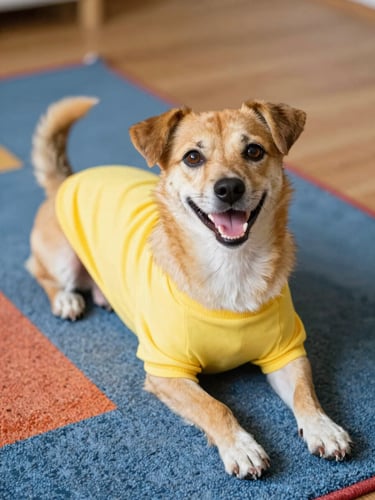 A happy small mixed-breed dog lounging comfortably on a colorful rug, wearing a soft custom-fit yellow shirt, looking up with bright eyes, natural daylight, warm atmosphere