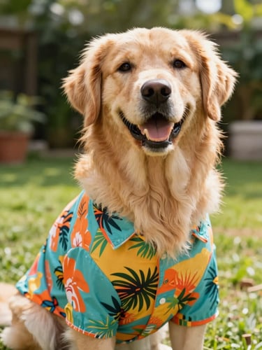 A happy golden retriever wearing a vibrant tropical print shirt, sitting in a sunlit garden, looking up at the camera, joyful eye-level pet photography