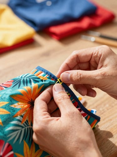 Close-up of hands carefully stitching a vibrant tropical pet shirt in a warm, sunlit workshop in Celaya, colorful fabrics in background, shallow depth of field, 35mm