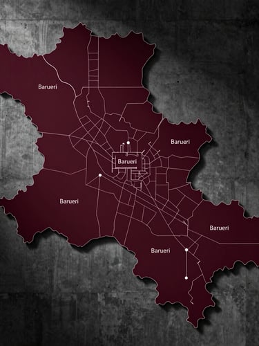 Technical architectural blueprint map overlay of Barueri and Greater Sao Paulo region, high contrast dark charcoal and burgundy tones, raw concrete texture background, dramatic side lighting