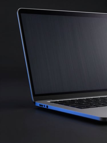 Close-up detail of a premium dark-mode user interface on a brushed-metal laptop screen, sharp blue rim highlights, dark minimalist background