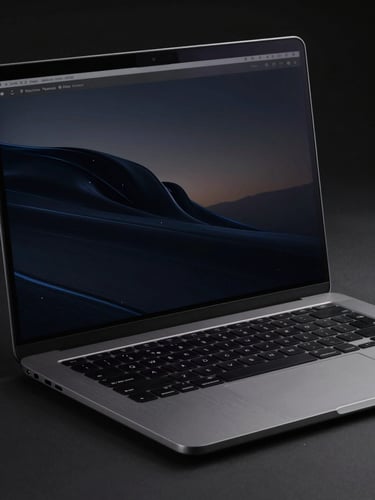 A close-up of a high-fidelity dark-mode user interface displayed on a premium brushed metal laptop, dramatic studio lighting with sharp blue rim highlights, clean minimalist composition.