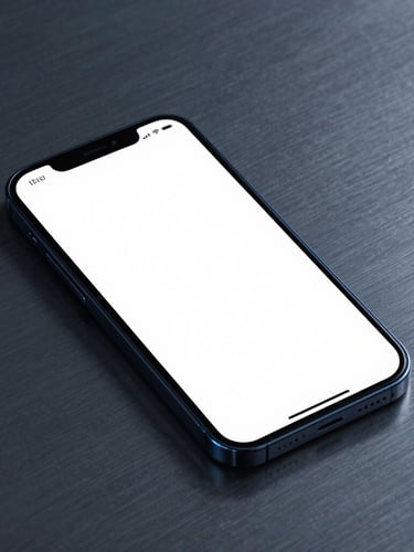 High-fidelity mockup of an engineered, clean user interface on a dark-mode phone, resting on a brushed metal surface, sharp blue highlights.