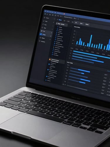 Close-up studio shot of a modern brushed-aluminum laptop displaying a sleek, high-contrast dark-mode web analytics interface, dramatic low-key lighting with sharp blue rim highlights, clean geometric composition.