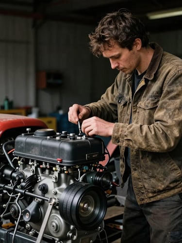 A male creator in a rugged canvas jacket working on a tractor engine inside a dimly lit workshop, high contrast natural light, 35mm lens