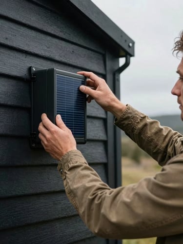 Close-up of a male creator in a rugged canvas jacket adjusting a solar inverter on an off-grid cabin wall, high-contrast overcast daylight, sharp focus 35mm lens