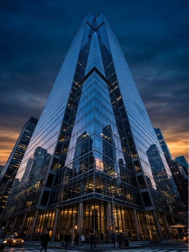 Dramatic low-angle shot of a modern glass skyscraper facade at sunset, sharp reflections, clean architectural lines, deep navy and steel blue tones.