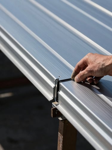 Close-up of an engineer's hand inspecting a precise aluminum cladding joint, sharp focus on the detail, high-contrast daylight, architectural photography, steel blue tones