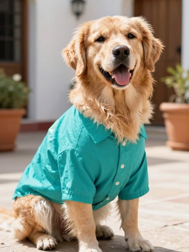 Medium shot of a happy golden retriever wearing a vibrant teal handmade shirt, sitting comfortably in a sunlit Mexican patio, shallow depth of field