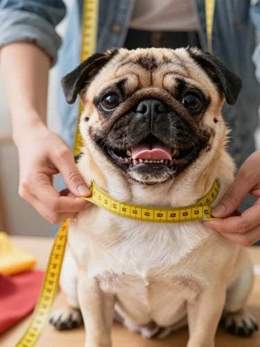 Close-up of a tailor gently measuring a happy pug with a soft yellow tape measure, warm natural workshop light, vibrant fabric textures visible.