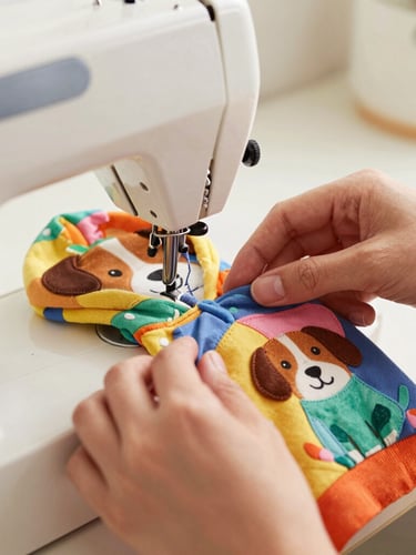 Close-up of artisan hands sewing a colorful fabric puppy hoodie on a vintage sewing machine, warm side lighting, shallow depth of field