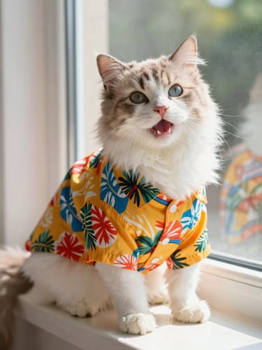 A happy fluffy cat wearing a custom-fit colorful Hawaiian shirt, sitting comfortably on a sunny window sill, shallow depth of field.