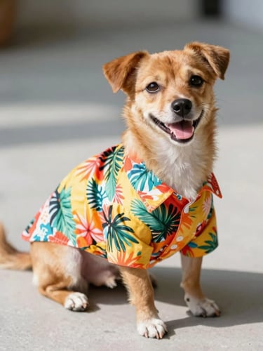 A happy small dog wearing a colorful tropical Hawaiian shirt, sitting comfortably on a clean light gray floor, warm natural sunlight, vibrant colors, shallow depth of field, 35mm lens