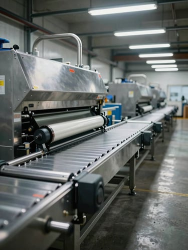 Wide-angle factory floor view, a shrink-wrap packaging machine occupying the left frame, stainless steel conveyor and film rollers in sharp focus, bright fluorescent overhead lighting, industrial setting with concrete floor visible