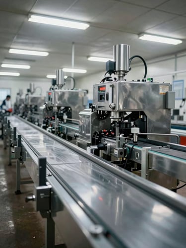 Low angle shot of a fully installed production line in a Turkish food factory, multiple machines connected by conveyors, stainless steel surfaces reflecting factory fluorescent light, wide environmental view showing machine scale in context