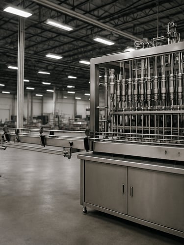 Wide factory floor shot, a large industrial liquid filling machine standing in the right two-thirds of frame, stainless steel nozzles and conveyor belt visible, bright fluorescent factory lighting from above, concrete floor and high-bay ceiling in background, no operators