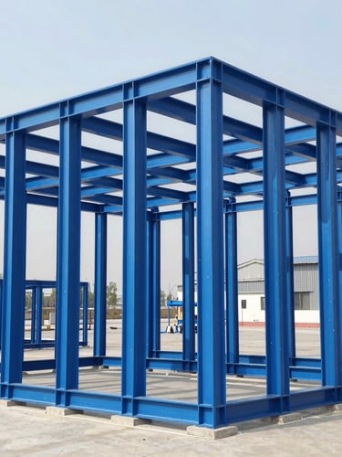 High-contrast industrial architectural photography of a structural timber modular assembly frame, crisp natural factory daylight, structured geometric lines, blueprint blue tones, 35mm