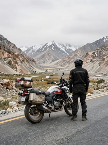 Extreme wide environmental frame at road level on the Karakoram Highway, a motorcycle parked on the tarmac shoulder with worn panniers, a rider in full gear standing beside it facing away toward the valley below, overcast diffused light, no faces visible