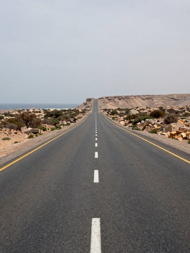 Road-level perspective from the tarmac surface of the Makran Coastal Highway at overcast midday, the road stretching ahead in a long straight toward a distant rocky headland, the Arabian Sea visible as a flat grey-blue strip on the left horizon, sparse coastal scrub on both shoulders, no riders — the road surface texture and horizon are the focal subject