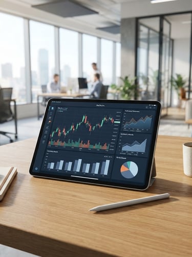 Bright modern corporate office, a professional tablet displaying clean financial charts on a wooden table, soft natural daylight, sharp focus, professional editorial style