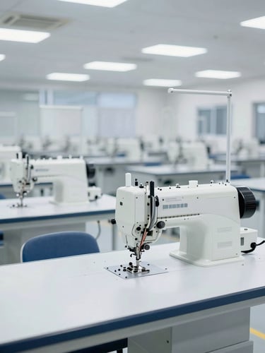 Wide-angle environmental shot of a clean, high-capacity factory floor with rows of automated sewing machines under bright, cool daylight, deep depth of field