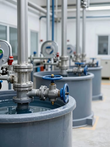 Close-up of industrial dye vats with automated control valves, clean modern factory floor, cool slate tones