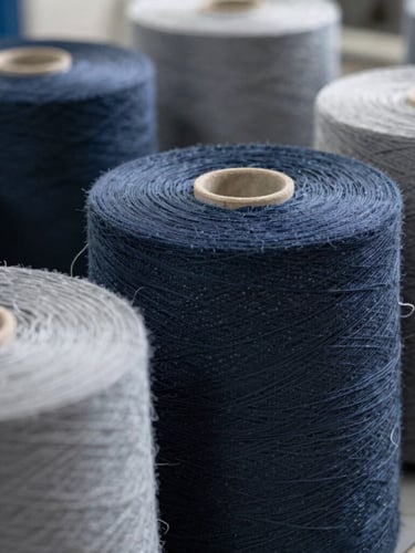 Macro shot of tightly wound raw cotton textile rolls in deep navy and slate grey, clean factory daylight, sharp depth of field