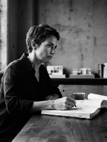 High-contrast black and white portrait of a female creative director in a minimalist concrete studio, dramatic natural side-light casting sharp shadows, 35mm film grain