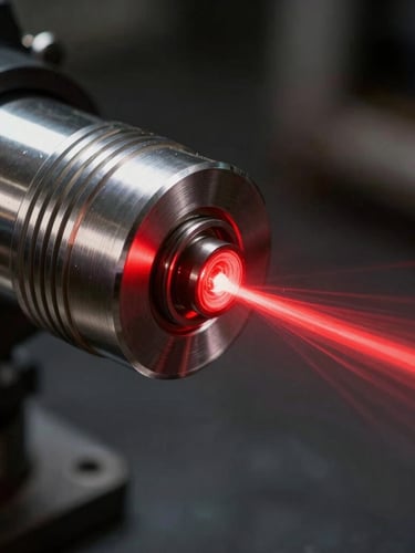 Extreme close-up on a metallic laser sensor emitting a sharp red beam, high contrast directional lighting reflecting off milled steel, dark industrial background.