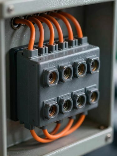 Macro shot of industrial control panel wiring terminals, safety orange wires contrasting with dark grey steel, dramatic directional lighting.