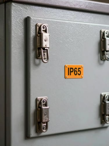 High-contrast close-up of a rugged IP65 steel control cabinet door with heavy-duty latches and safety orange seals.