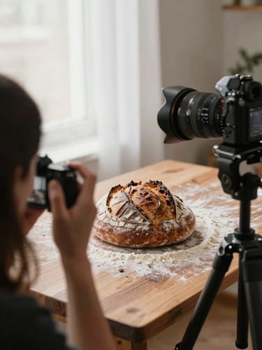 Over-the-shoulder shot of a photographer adjusting a camera on a tripod, capturing a rustic sourdough loaf on a flour-dusted wooden table under soft, diffused window light.