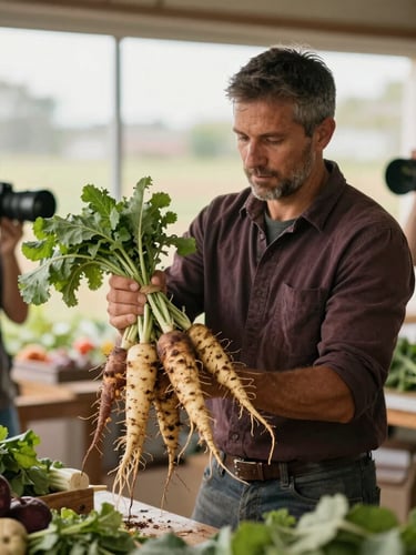 Medium-wide environmental shot of an agency photographer capturing a local farmer holding freshly harvested root vegetables, soft overcast window light.