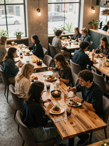 Overhead shot of a bustling modern food hall with natural light streaming through high windows, long wooden tables, people enjoying artisanal plates, warm editorial style, 35mm lens.