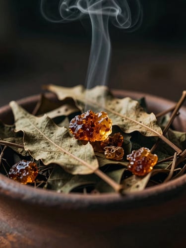 Macro shot of dried botanical leaves and crushed amber resins in a rustic clay vessel, rising thin smoke trail, moody side light, 35mm film